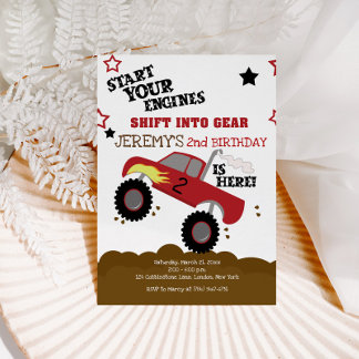 Red Monster Truck Starten Sie Ihre Motoren zum Geb Einladung
