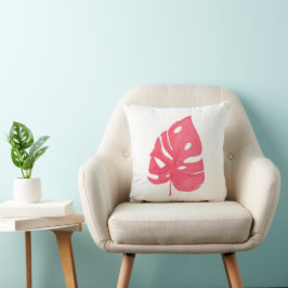 Red Monstera leaf printed throw pillow Kissen