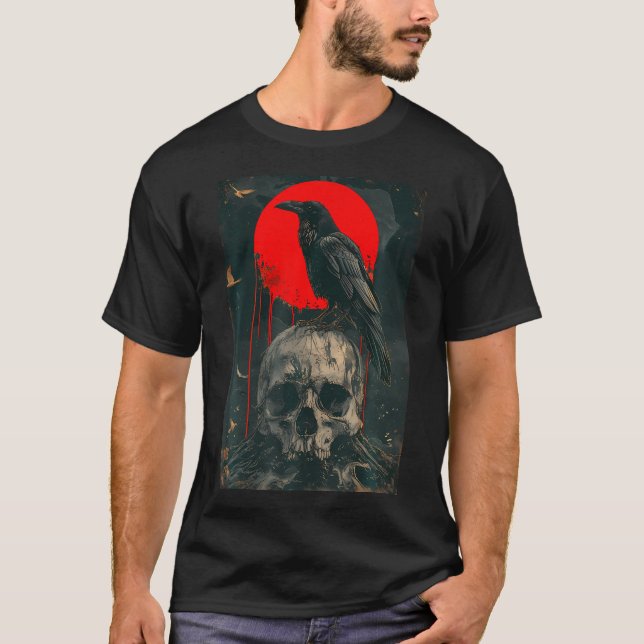 Red Moon Black Gothic Raven Skull Graphic Black Cr T-Shirt (Vorderseite)