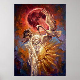 Red Moon Crane Symbolic Art Poster