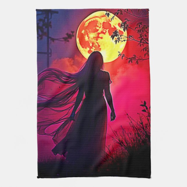 Red Moon Shadow Woman Mystery Design Geschirrtuch (Vertikal)