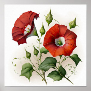 Red Morning Glory Flowers Art Print Poster