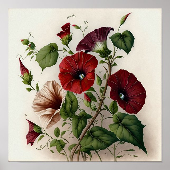 Red Morning Glory Flowers Art Print Poster (Devant)