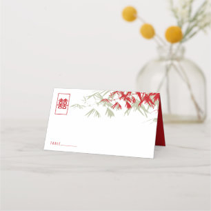 Red & Moss Bamboo Blätter Double Xi Chinese Weddin Platzkarte