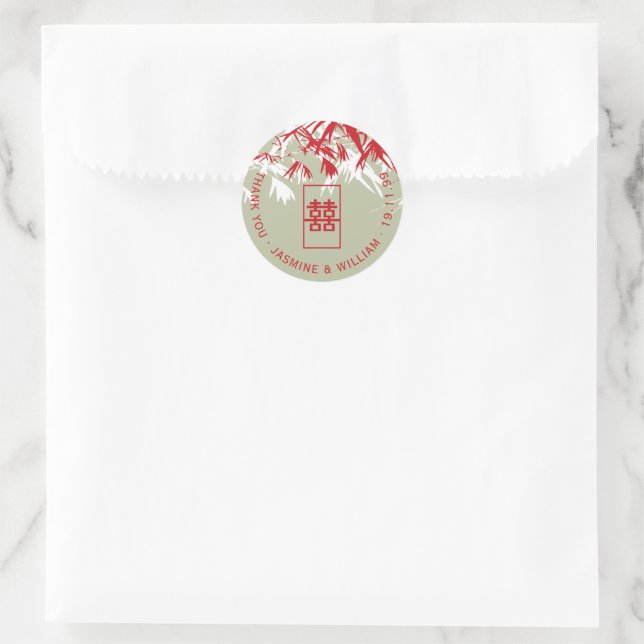 Red & Moss Bamboo Blätter Shuang Xi Chinese Weddin Runder Aufkleber (Tasche)