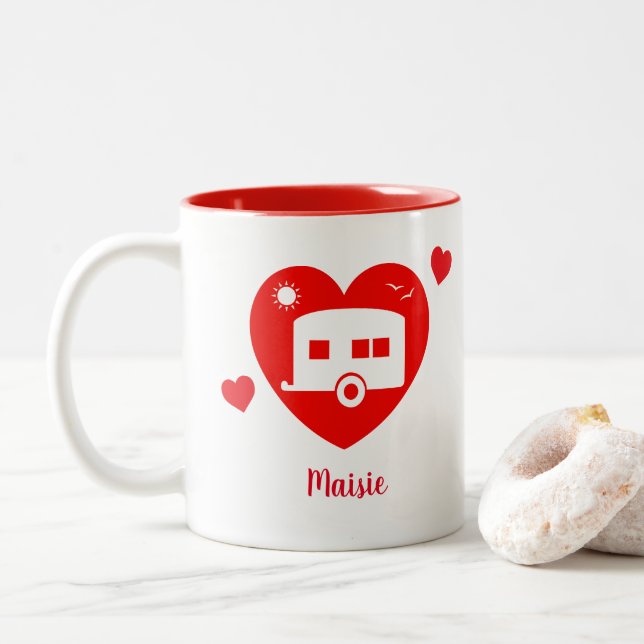 Red Motorhome und Caravan Owner Liebe Herz Zweifarbige Tasse (Mit Donut)