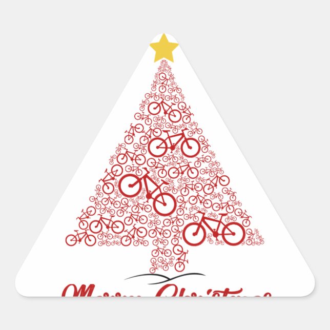 Red Mtb Fahrrad Weihnachtsbaum Frohe Weihnachten Dreieckiger Aufkleber (Vorderseite)