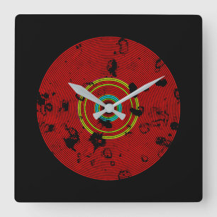 Red Multicolor Vinyl Disk Textur Muster Quadratische Wanduhr
