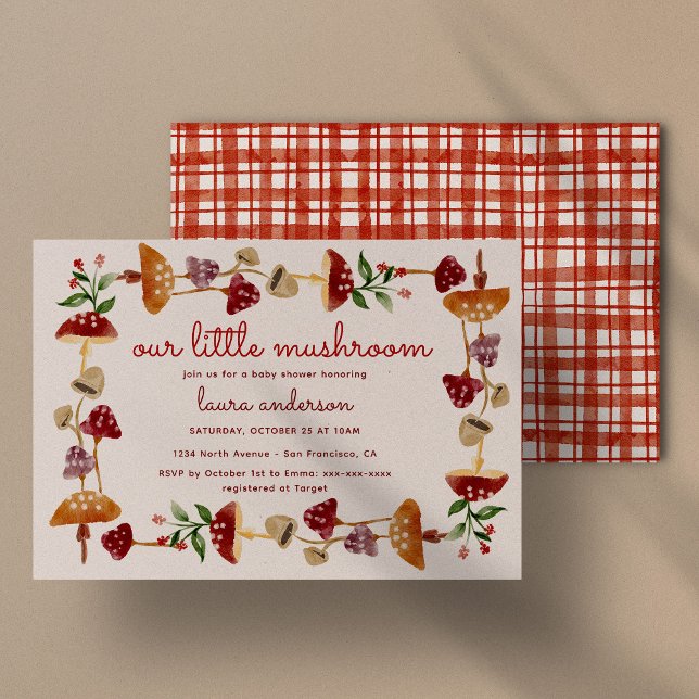 Red Mushroom Baby Shower Gender Reveal Einladung (our little mushroom woodland baby shower with red toile de vichy pattern at the back)