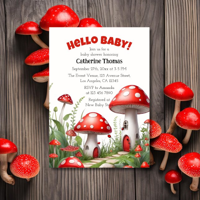 Red Mushroom Fungi Woodland Babydusche Einladung (Von Creator hochgeladen)