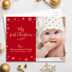 Red My First Christmas Baby Foto Snowflakes Gold Folien Feiertagspostkarte