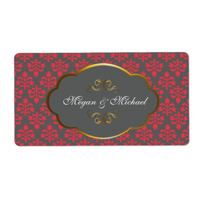 Red n Brown Damask Hochzeitslabel (Vorne)