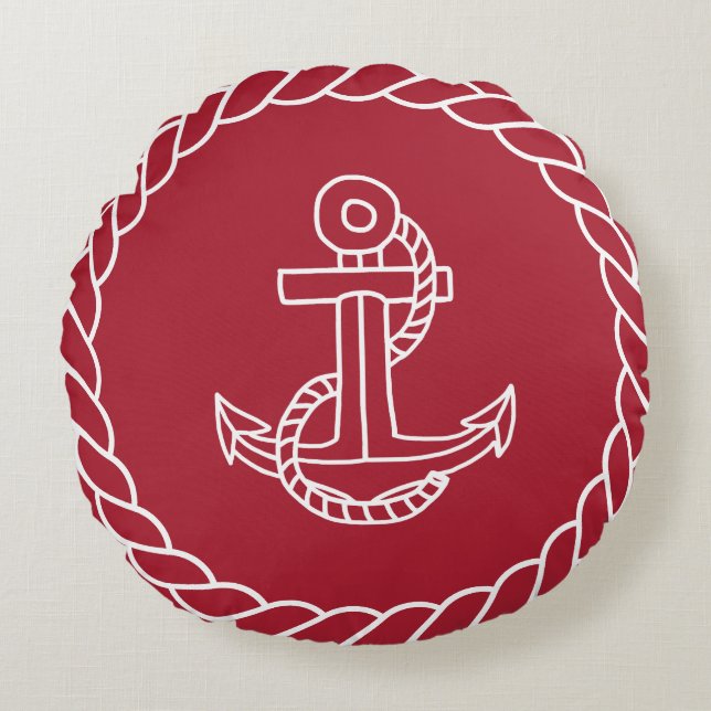 Red Nautic Anchor Round Pillow Rundes Kissen (Vorderseite)