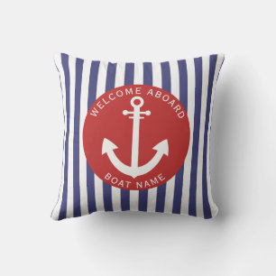 Red Navy Blue Stripes Boat Name Anchor Nautic Kissen