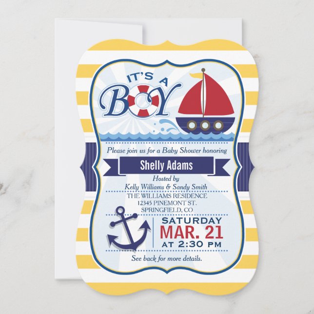 Red, Navy, & Yellow Nautical Sailboat Babydusche Einladung (Vorderseite)