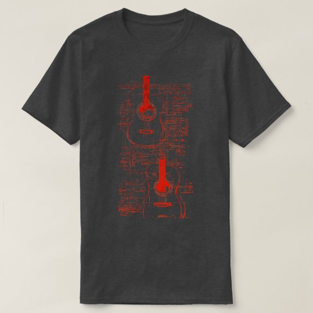 Red Neon Acoustic Guitar Da Vinci Blueprint T-Shirt (Design vorne)