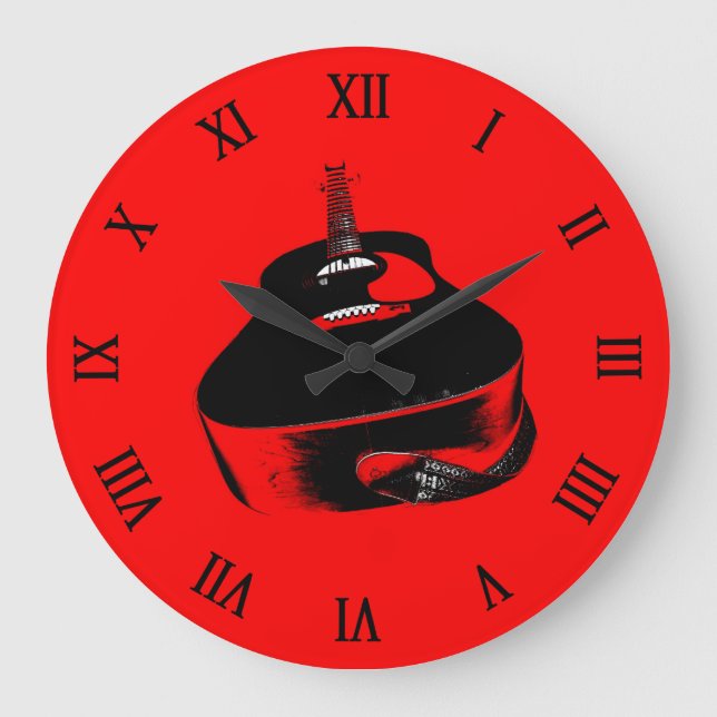 Red Neon Guitar Music Instrument Große Wanduhr (Vorderseite)