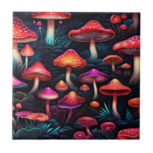 Red Neon Mushrooms - Exklusive Retro Art Fliese
