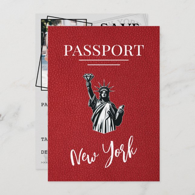 Red New York City Passport Save the Date (Vorne/Hinten)