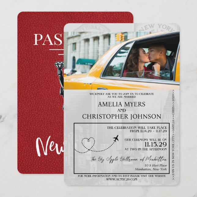 Red New York City Passport Wedding Einladung (Vorne/Hinten)