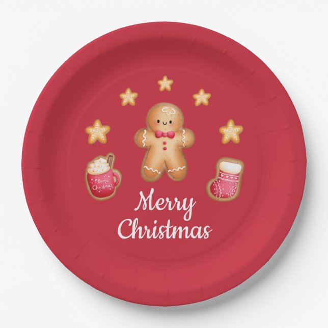 Red Niedlich Gingerbread Mann Frohe Weihnachten Pappteller (Vorderseite)