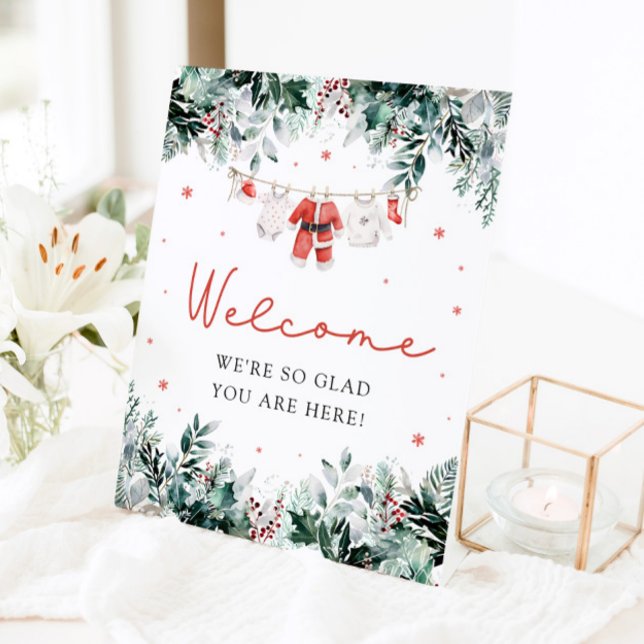 Red Niedlich Santa Baby Weihnachtsdusche Begrüßung Sockelschild (Watercolor Red Cute Santa Baby Christmas Shower Welcome Sign)
