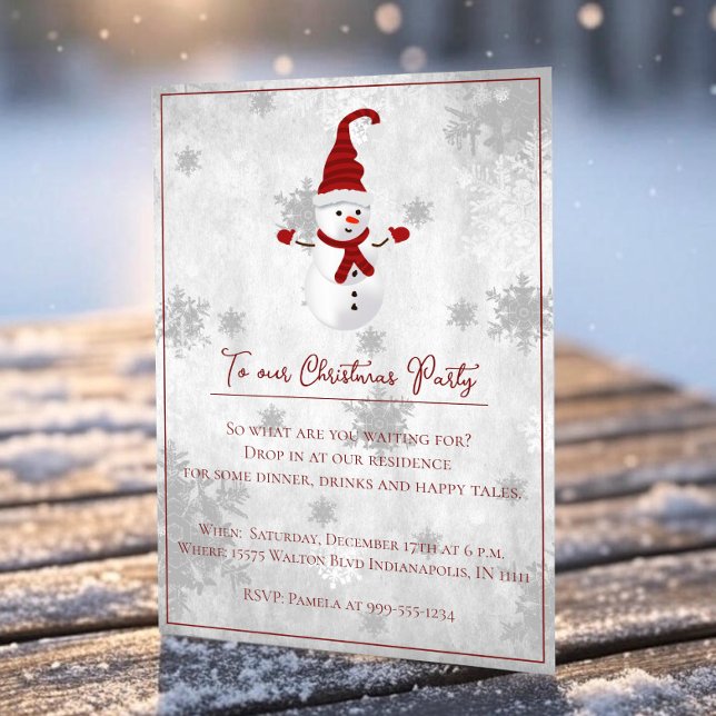 Red Niedlich Snowman Weihnachts-Party Einladung (Red Cute Snowman Christmas Party Invitation)