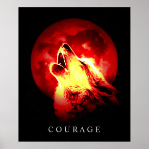 Red Night Fullmoon Motivierend Courage Wolf Poster