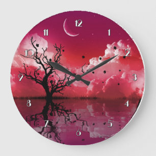 Red Night Sky Reflection Landschaftlich Wall Clock Große Wanduhr
