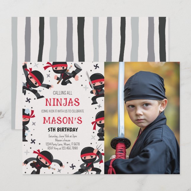 Red Ninja Warrior Martial Arts Birthday Foto Einladung (Vorne/Hinten)