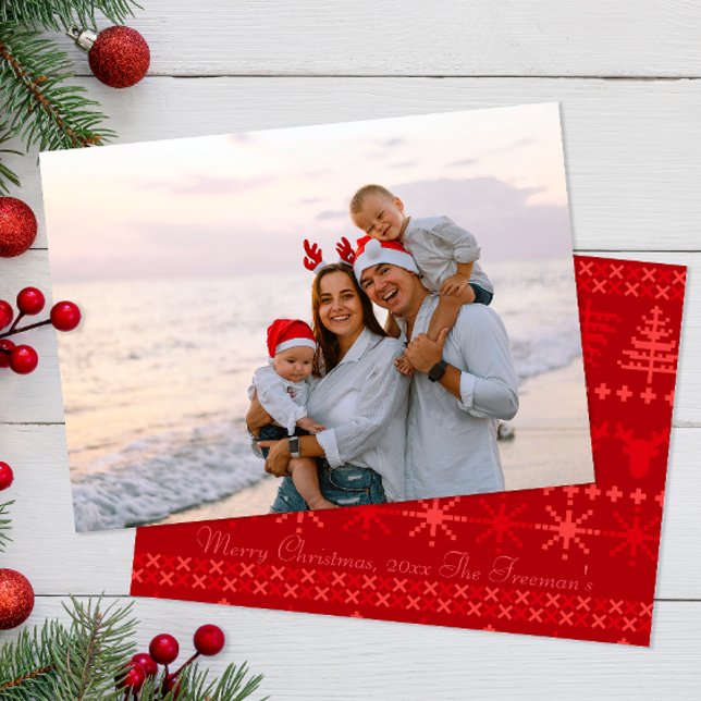 Red Nordic Christmas Cards Mitteilungskarte (Family Photo Christmas Cards)