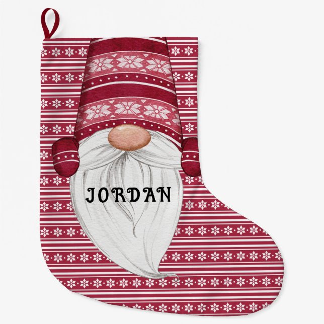 Red Nordic Gnome Personalisiert Großer Weihnachtsstrumpf (Vorderseite)