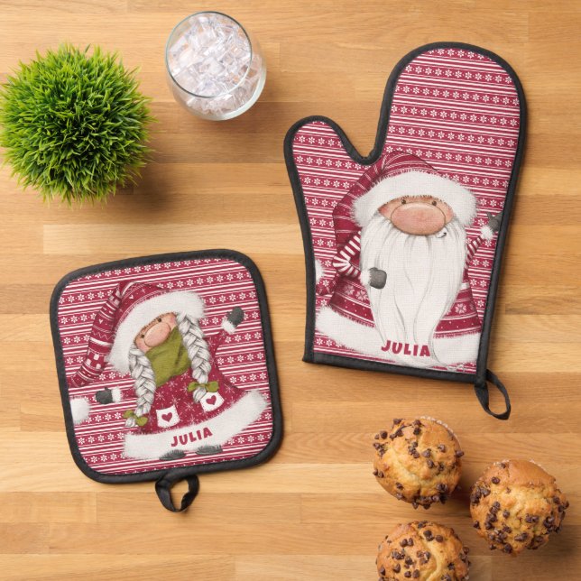 Red Nordic Gnome Personalisiert Ofenhandschuh & Topflappen-Set (Oben Unten)