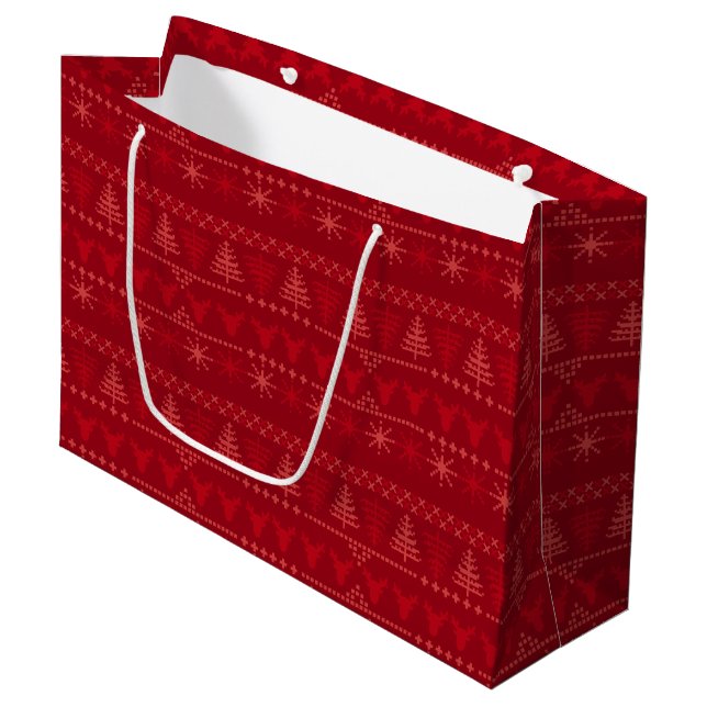 Red Nordic Pattern Weihnachtsgeschenktasche - Groß Große Geschenktüte (Vorderseite Schrägansicht)