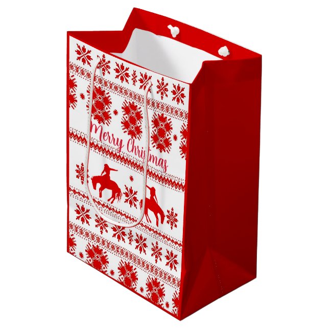 Red Nordic Rodeo Cowboy Christmas Mittlere Geschenktüte (Vorderseite Schrägansicht)