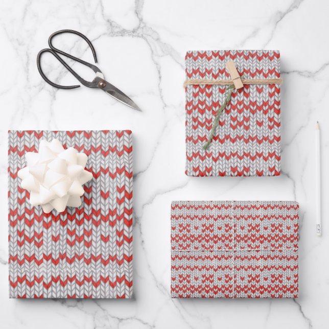 RED NORDIC STRICK Flat Sheet Wrapping Paper Geschenkpapier Set (Vorderseite)