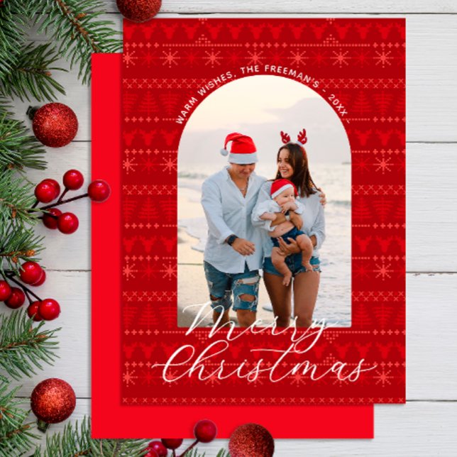 Red Nordic Sweater Frohe Weihnachtsfotokarte Mitteilungskarte (Red Nordic Christmas Card)