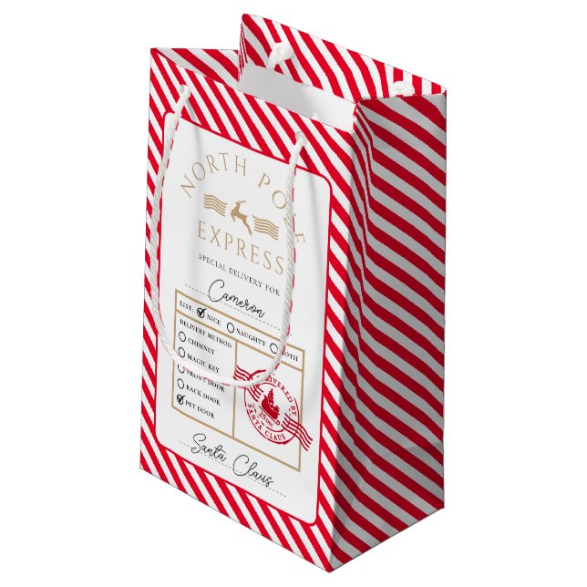 Red North Pole Express Sonderlieferung Weihnachten Kleine Geschenktüte (Rückseite Schrägansicht)