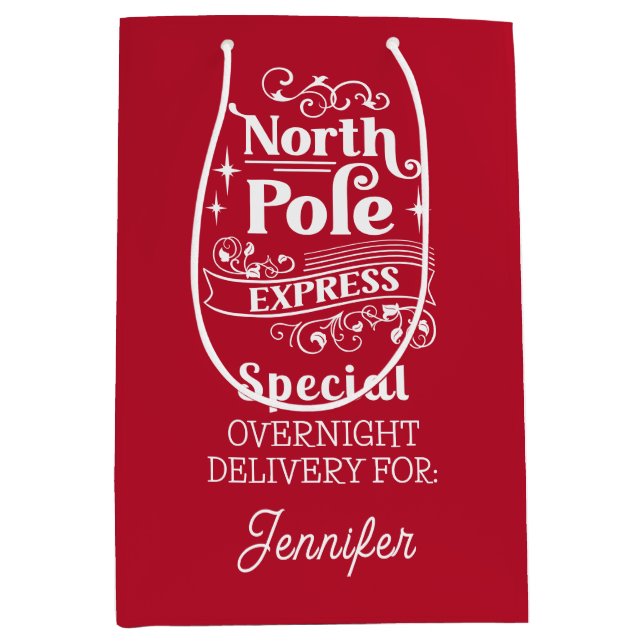 Red North Pole Special Übernachtung LIEFERUNG FÜR  Mittlere Geschenktüte (Vorderseite)