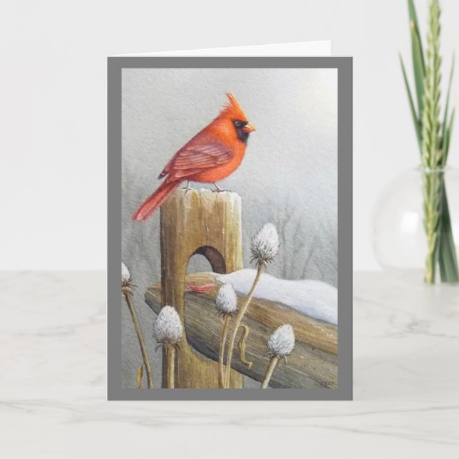 Red Northern Kardinal Bird auf dem Zaun Wasserfarb Karte (Vorderseite)