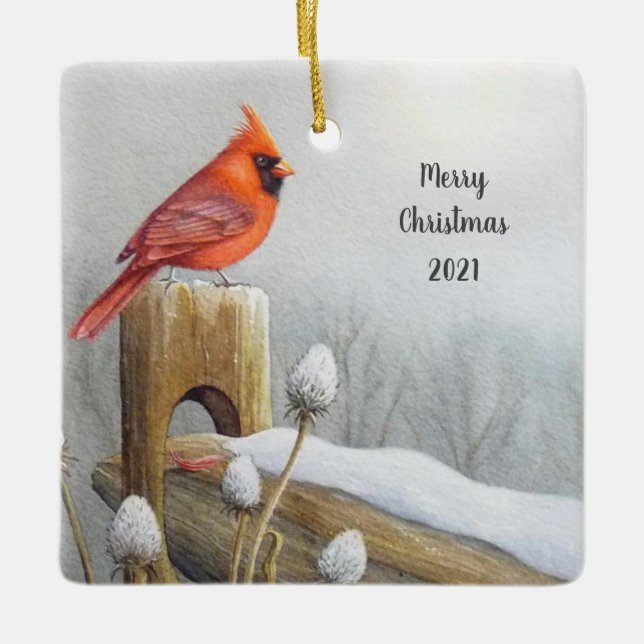 Red Northern Kardinal Bird auf dem Zaun Wasserfarb Keramikornament (Vorderseite)