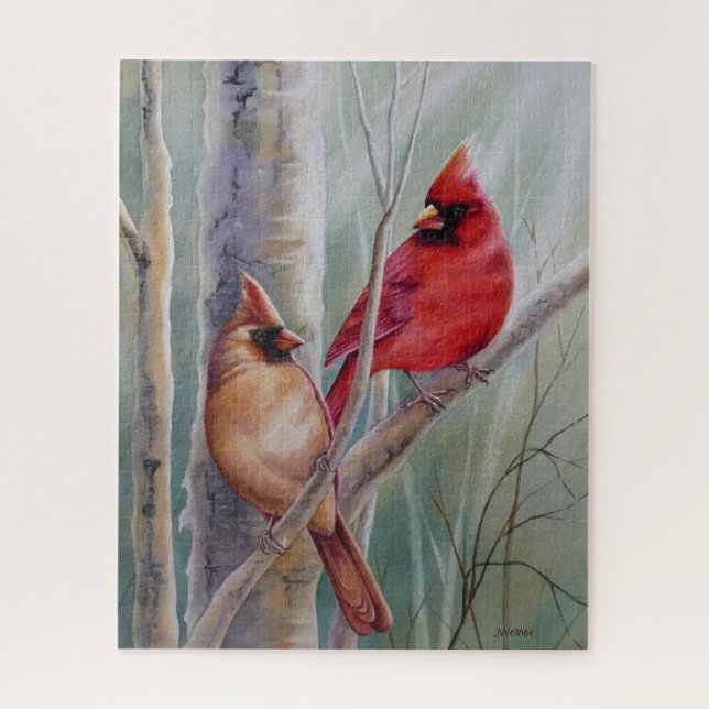 Red Northern Kardinal Bird Pair Watercolor Art (Vertikal)