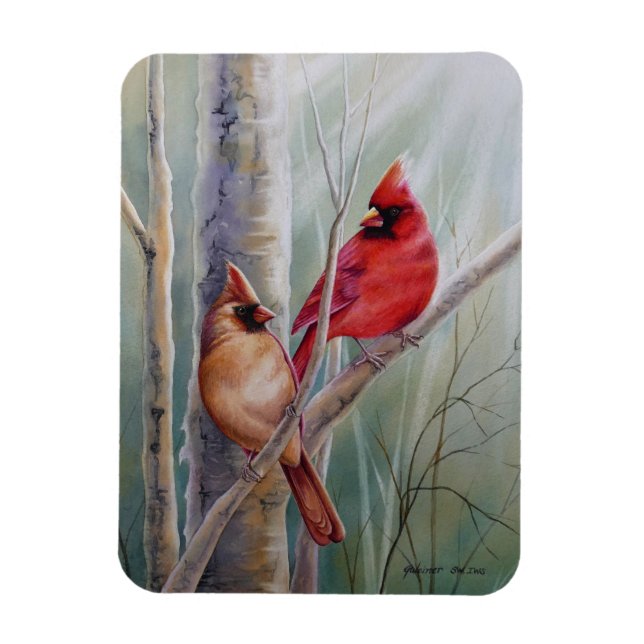 Red Northern Kardinal Bird Pair Watercolor Art Magnet (Vertikal)