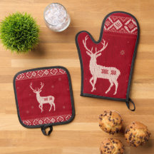 Red Norwegian Knit w/ Deer, Oven Mitt & Pot Holder