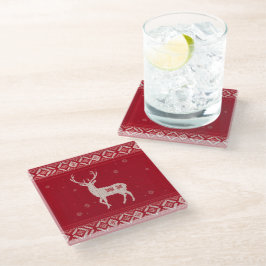 Red Norwegian Knit with Deer, Glass Coaster Glasuntersetzer