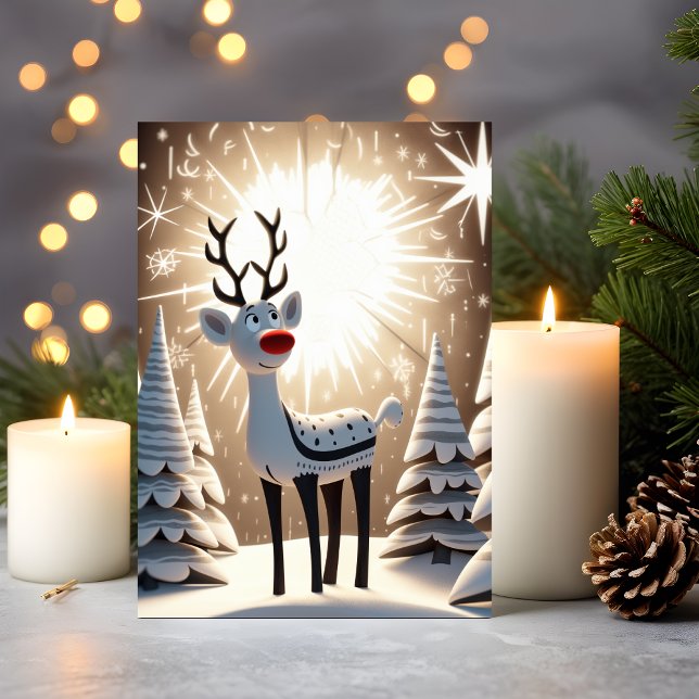 Red Nose Reindeer Feiertagskarte (Christmas Card – Red-Nosed Reindeer in Snowy Forest)
