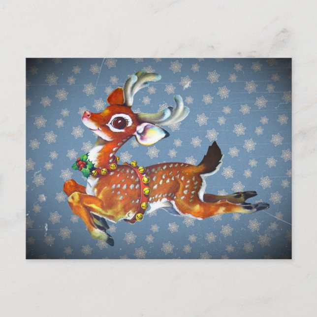 Red Nose Reindeer Vintage Kunst Feiertagspostkarte (Vorderseite)