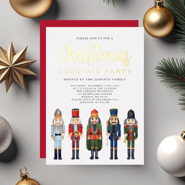 Red Nutcracker Weihnachtscocktail Party Gold Folieneinladung (Red Nutcracker Christmas Cocktail Party Gold Foil Invitation)