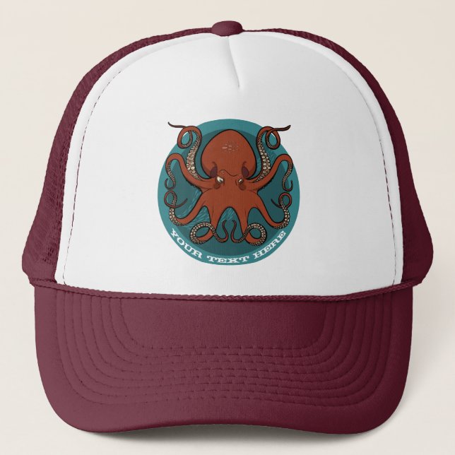 Red Octopus Add Your Name Sea Monster Cartoon Truckerkappe (Vorderseite)