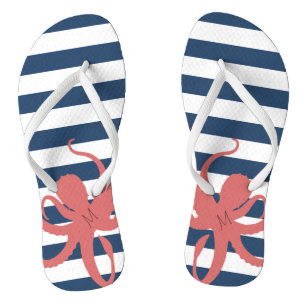 Red Octopus Modern Beach White Navy Blau Streifen Flip Flops